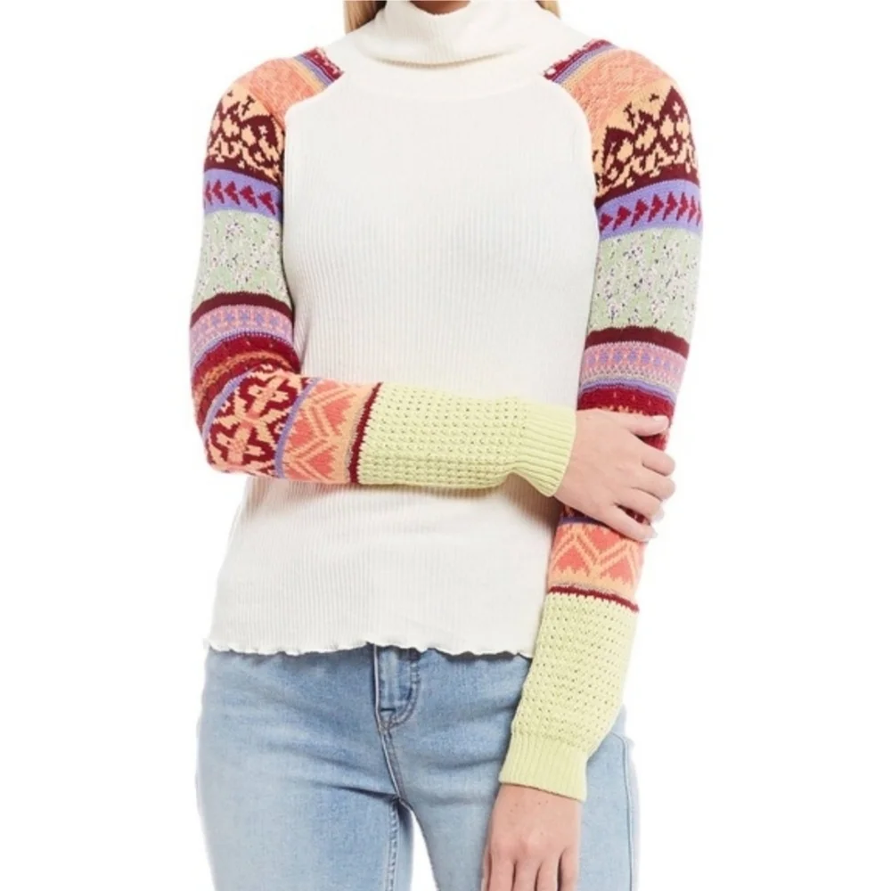 Free People Ivory Prism Ribbed Knit Sleeve Mock Neck Sweater Size XS